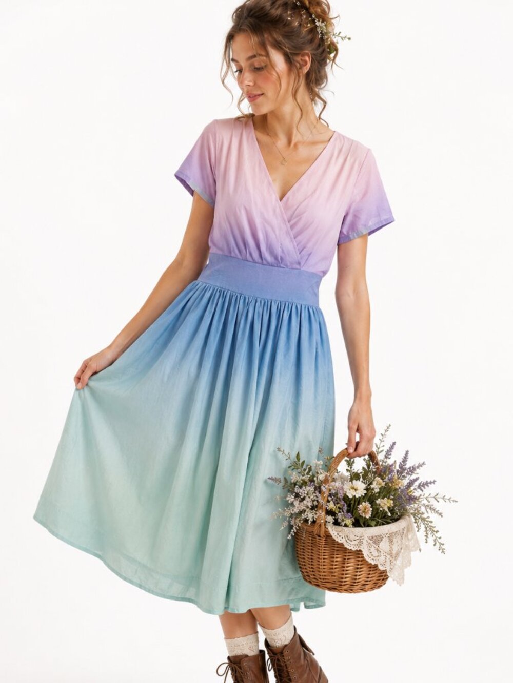 Magnolia Park Ombre Midi Dress Women M Pink Blue Pastel Garden Party Cottagecore